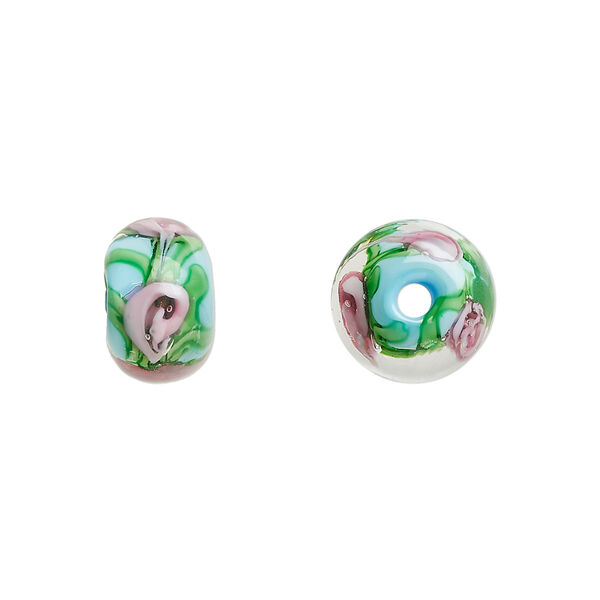 Bead, lampworked glass, opaque light blue multicolored, 12x8mm rondelle with rose. Sold per pkg of 4. image number 0