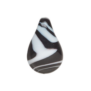 Drop, lampworked glass 1pkg1, opaque black and white, 27x21mm-28x18mm teardrop with swirl design.