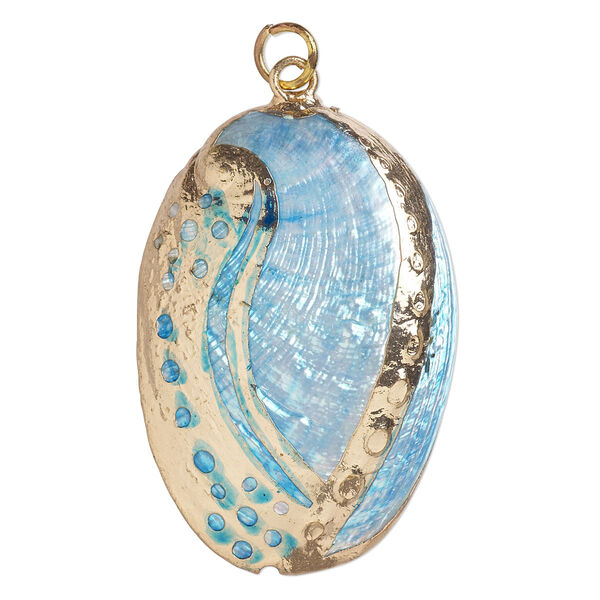 Focal, abalone shell (dyed) and gold-finished copper, blue, 36x22mm-48x30mm, Mohs hardness 3-1/2. Sold individually. image number 0