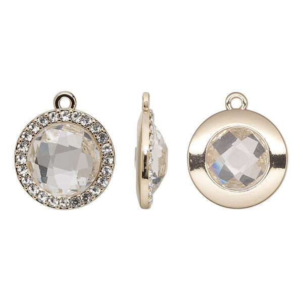 Drop, glass / glass rhinestone / gold-finished "pewter" (zinc-based alloy), transparent clear, 19mm single-sided round. Sold per pkg of 2. image number 0