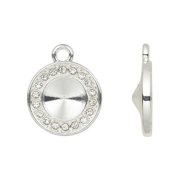 Drop, Almost Instant Jewelry®, cubic zirconia and silver-finished "pewter" (zinc-based alloy), clear, 16mm single-sided round with SS39 rivoli glue-in setting. Sold per pkg of 2. image number 0