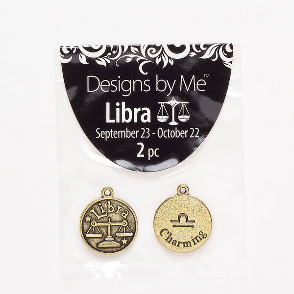 "Pewter" (zinc-based alloy) / enamel 1pkg2, 2-sided round charm / Libra / "Charming" antique gold finish / black 18mm image number 0