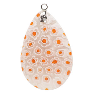 Focal, millefiori glass and silver-finished steel 1pkg1, transparent orange-red / clear / white, 48x31mm-50x32mm puffed teardrop.