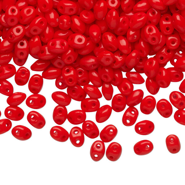 Bead, Preciosa Twin™, Pressed Twin, Czech pressed glass, orange-red, 5x2.5mm oval with 2 holes. Sold per 50-gram pkg. image number 0