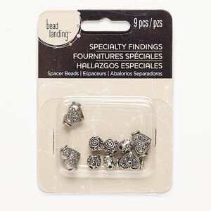Bead, antiqued silver-finished "pewter" (zinc-based alloy), 9x8mm puffed diamond with swirl design and 14x10mm beaded puffed heart with 2.5mm hole. Sold per pkg of 9.