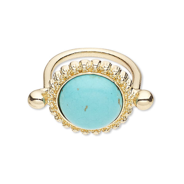 Ring, magnesite (dyed / stabilized) and gold-finished "pewter" (zinc-based alloy), turquoise blue, 22mm round, size 9. Sold individually. image number 0
