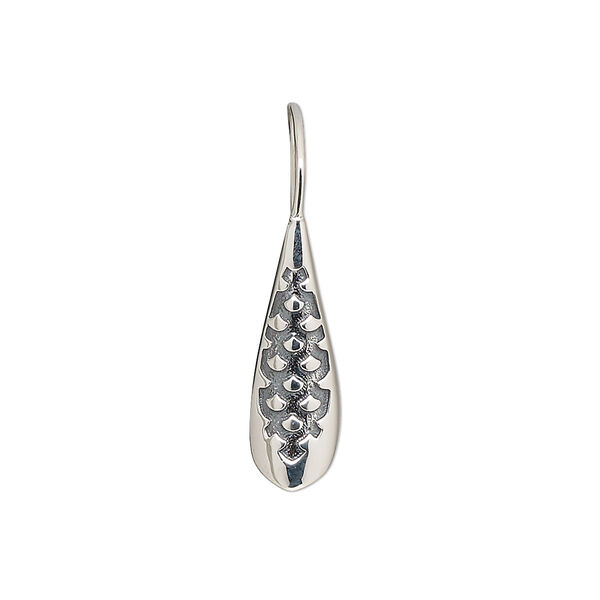 Ear wire, antiqued sterling silver, 26.5mm fishhook with cone and scale design and 3.5mm peg, fits 8mm half-drilled bead, 20 gauge. Sold per pair. image number 0