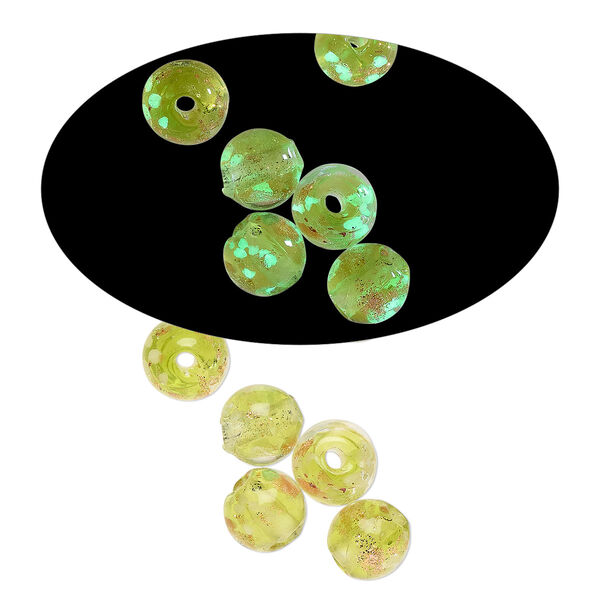 Bead, lampworked glass, clear / peridot green / glow-in-the-dark / gold, 6mm round. Sold per pkg of 6. image number 0