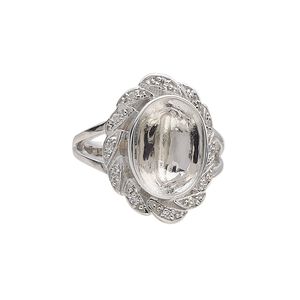 Ring, Almost Instant Jewelry®, rhodium-plated sterling silver and cubic zirconia, clear, 21.5mm wide with fancy design and 14x10mm oval glue-in setting, size 9. Sold individually.