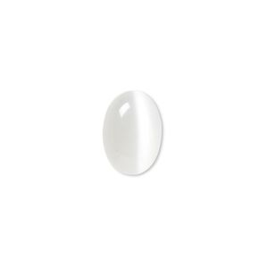 Cabochon, cat's eye glass (fiber optic glass), white, 14x10mm calibrated oval, quality grade. Sold per pkg of 10.