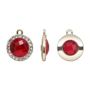 Drop, glass / glass rhinestone / gold-finished "pewter" (zinc-based alloy), clear and transparent ruby red, 17mm single-sided round. Sold per pkg of 2.