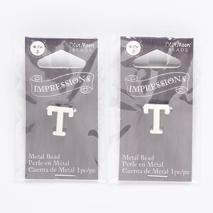 Bead, silver-finished "pewter" (zinc-based alloy), 13x12mm top-drilled alphabet letter "T" with 2mm hole. Sold per pkg of 2.