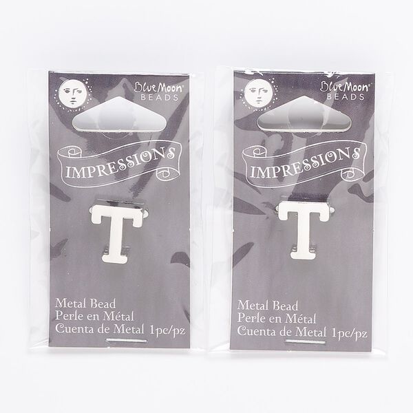 Bead, silver-finished "pewter" (zinc-based alloy), 13x12mm top-drilled alphabet letter "T" with 2mm hole. Sold per pkg of 2. image number 0