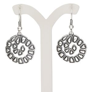 Earring, antique silver-plated brass and "pewter" (zinc-based alloy), 1-1/2 inches with round and fishhook ear wire. Sold per pair.