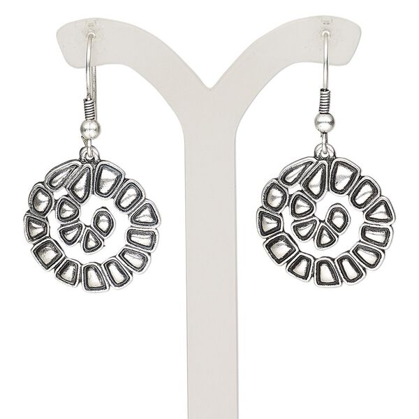 Earring, antique silver-plated brass and "pewter" (zinc-based alloy), 1-1/2 inches with round and fishhook ear wire. Sold per pair. image number 0