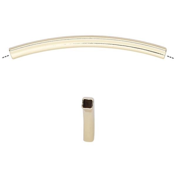 Bead, gold-finished brass, 45x3mm curved square tube. Sold per pkg of 6. image number 0
