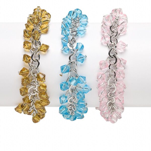 Bracelet, glass and imitation rhodium-plated steel, pink / aqua blue / amber yellow, 6mm bicone, 6-1/2 inches with 2-inch extender chain and lobster claw clasp. Sold per pkg of 3. image number 0
