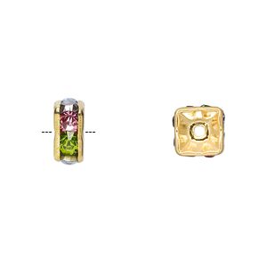 Bead, gold-finished brass and glass rhinestone, multicolored light, 8x4mm squaredelle. Sold per pkg of 10.
