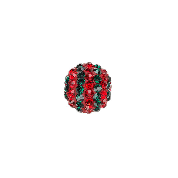 Bead, Egyptian glass rhinestone / epoxy / resin, red and dark green, 12mm round with pav&eacute; striped design. Sold individually. image number 0