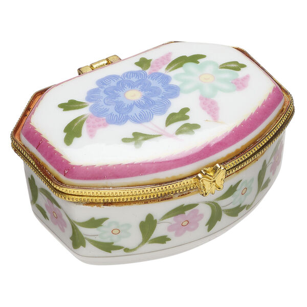 Trinket box 1pkg1, porcelain / gold-finished "pewter" (zinc alloy) / acrylic, white and multicolored, 3 x 2 x 1-1/2 inch hinged with flower and flower design decals. image number 0
