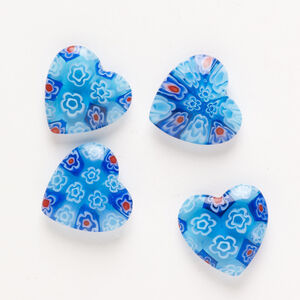 Bead, millefiori glass, pkg/4, translucent multicolored, 18-20mm half-drilled puffed heart.