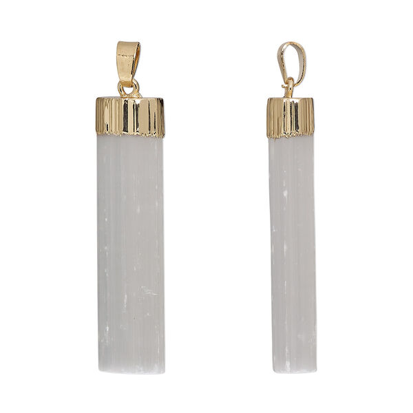Pendant, selenite (natural) / gold-finished steel / brass, 50x15mm-55x20mm hand-cut freeform point. Sold individually. image number 0