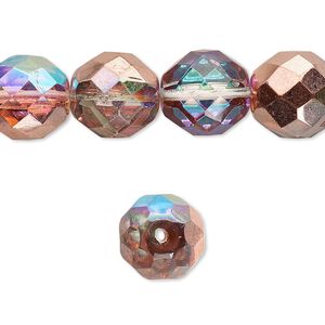 Bead, Czech fire-polished glass, pkg/15-1/2 to 16 inches, 12mm faceted round, two-tone clear AB and metallic Capri gold, (00030-98533).