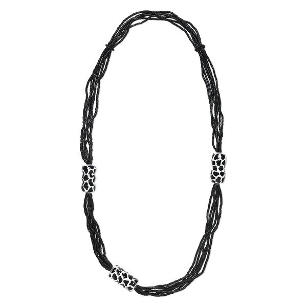 Necklace, Taiwanese cheesewood and coconut shell, black and white, 40x22mm-44x22mm carved round tube, 42-inch continuous loop. Sold individually. image number 0