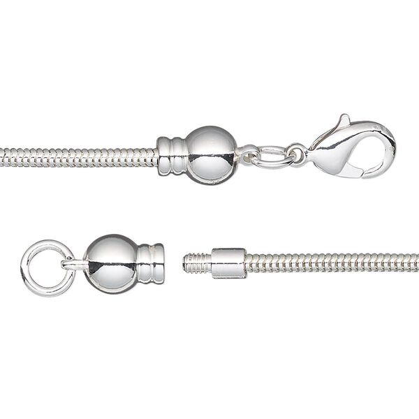 Dione®, Easy-On Chain, silver-plated brass, 2mm snake, 18 inches with 3.3mm threaded ball end and lobster claw clasp. Sold individually. image number 0