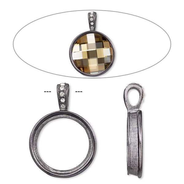 Pendant, Almost Instant Jewelry®, crystals and gunmetal-finished "pewter" (zinc-based alloy), crystal clear, 33x24mm single-sided smooth round with 20mm round setting. Sold individually. image number 0