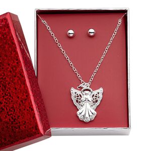 Necklace and earring set, glass rhinestone / silver-finished brass / steel / "pewter" (zinc-based alloy), clear, 25x23mm angel, 15" to 16" necklace with 3-inch extender chain and lobster claw clasp, 6mm round with post. Sold per set.