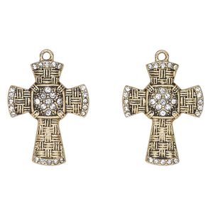 Focal, antique gold-finished "pewter" (zinc-based alloy) and glass, clear, 30x23mm weaved cross. Sold per pkg of 2.