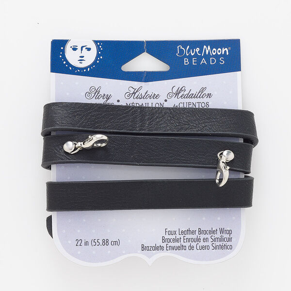Bracelet, wrap, faux leather / steel / silver-finished "pewter" (zinc-based alloy), black, 12mm wide, 22 inches with (2) snaps and (2) lobster claw clasps. Sold individually. image number 0