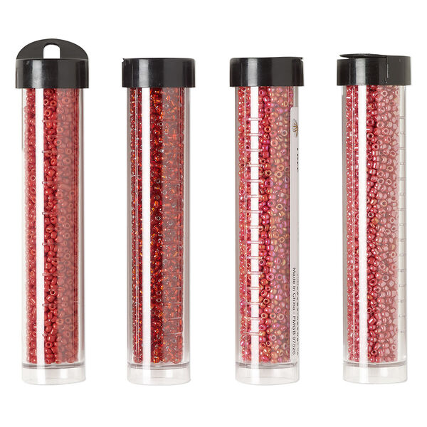 Seed bead assortment, Ming Tree™, glass, pkg/(4) 4 x 3/4 inch vials, #11 round, opaque and transparent silver-lined luster red. image number 0