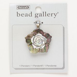 Pendant 1pkg1 "pewter" (zinc-based alloy) / black lip shell 34x32mm antique silver finish flower, natural