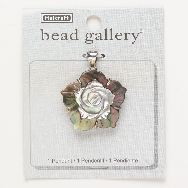 Pendant 1pkg1 "pewter" (zinc-based alloy) / black lip shell 34x32mm antique silver finish flower, natural image number 0