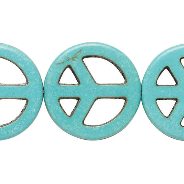 Bead, "howlite" (resin) (imitation), aqua blue, 25mm peace sign. Sold per 15-inch strand. image number 0