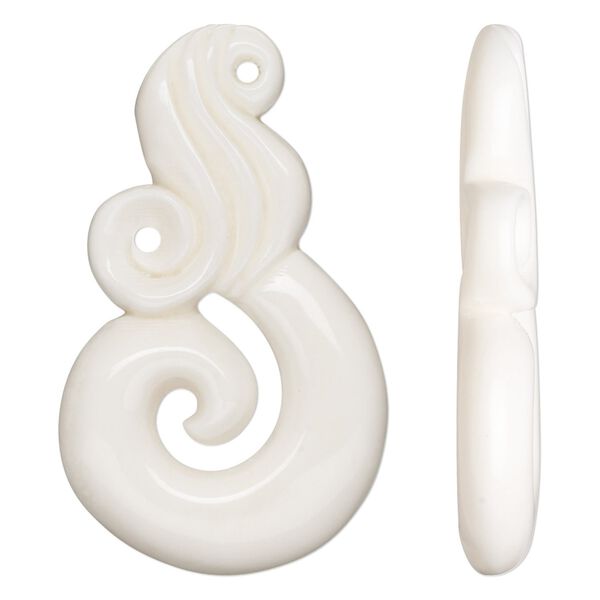 Focal, bone (bleached), white, 42x25mm hand-carved single-sided fancy swirl, Mohs hardness 2-1/2. Sold individually. image number 0