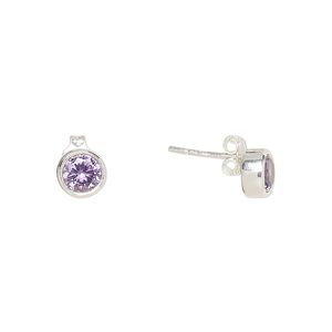 Earstud, Create Compliments®, cubic zirconia and sterling silver, amethyst purple, 6.5mm round. Sold per pair.