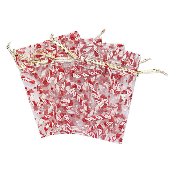 Pouch, organza, red / gold / white with glitter, 4-3/4 x 3-1/2 inches with candy cane pattern and drawstring closure. Sold per pkg of 4. image number 0