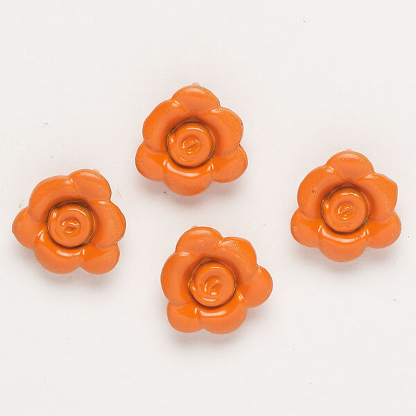 Charm, "pewter" (zinc-based alloy) and enamel, orange, 13-14mm flower with hidden loop. Sold per pkg of 4. image number 0