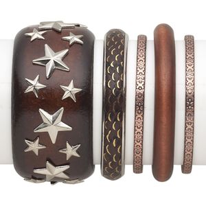 Bracelet mix, bangle, wood (dyed) / copper- / silver- / antiqued gold-finished steel, brown, 4.5-40mm wide with mixed design, 7-1/2 to 8 inches. Sold per 5-piece set.