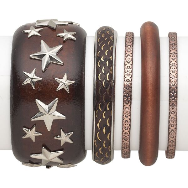 Bracelet mix, bangle, wood (dyed) / copper- / silver- / antiqued gold-finished steel, brown, 4.5-40mm wide with mixed design, 7-1/2 to 8 inches. Sold per 5-piece set. image number 0