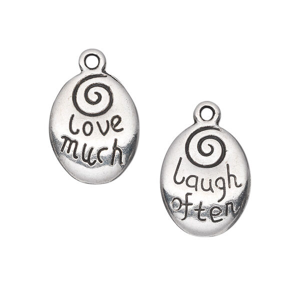 Drop, antique silver-plated "pewter" (zinc-based alloy), 17x13mm two-sided oval with "love much" and "laugh often." Sold per pkg of 10. image number 0