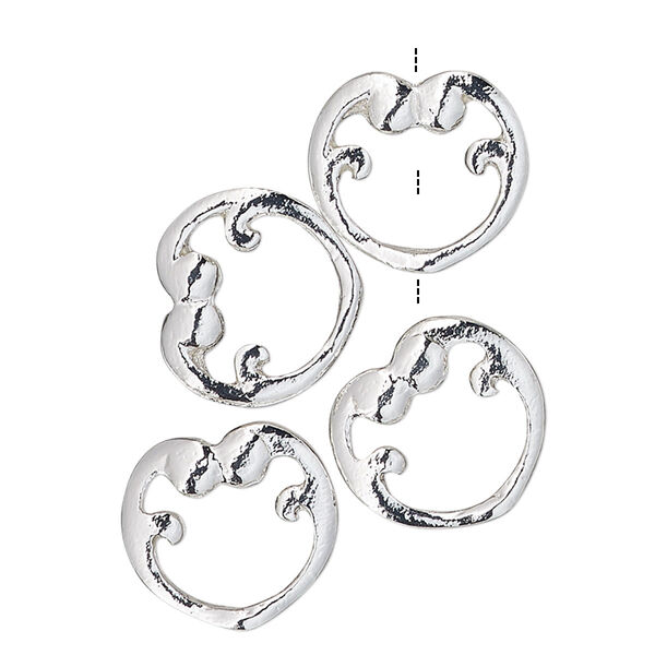 Bead frame, silver-finished "pewter" (zinc-based alloy), 12x11mm heart with curls, fits up to 5mm bead. Sold per pkg of 4. image number 0