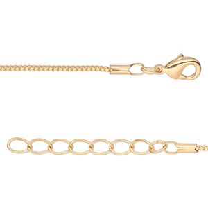 Chain, gold-finished brass, 1mm Venetian box, 18 inches with 1-1/4 inch extender chain and lobster claw clasp. Sold per pkg of 4.