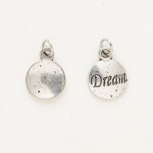 Charm, "pewter" (zinc-based alloy) and steel, pkg/2, antique silver finish, 12mm single-sided round with "Dream."