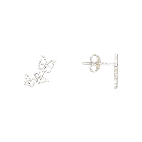 Earstud sterling silver 1pkg2, 12.5x7mm right- and left-facing open butterflies / earnuts included, Create Compliments® 1 pair image number 0