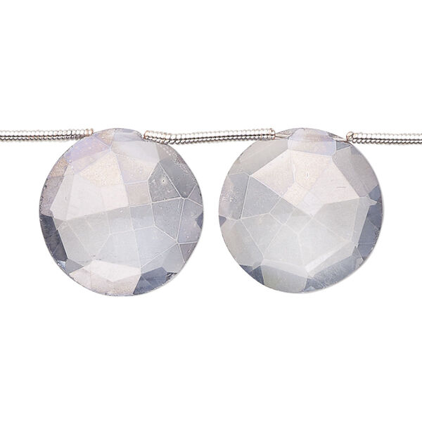 Bead, quartz crystal (coated), blue steel, 15-17mm hand-cut top-drilled faceted puffed flat round, B grade, Mohs hardness 7. Sold per pkg of 9. image number 0