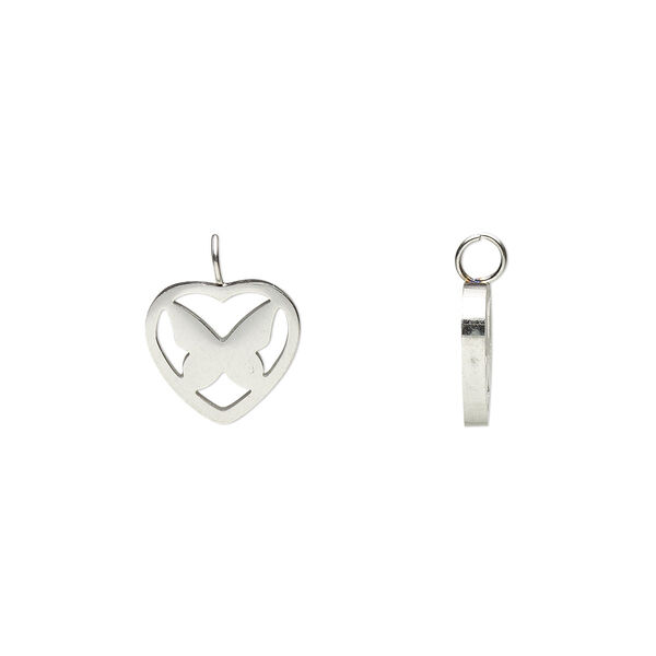 Charm, stainless steel, 9x8mm double-sided open heart with butterfly. Sold per pkg of 2. image number 0